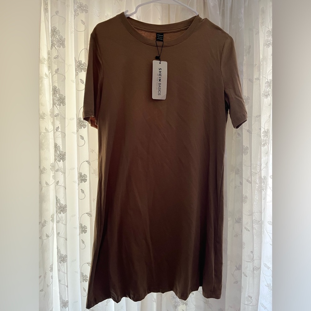 💥4/$20 BUNDLE! NWT SHEIN Light Brown/Camel Women's Long T-Shirt Dress SMALL